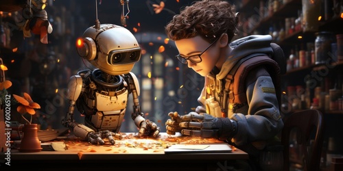 Boy and Robot Examining Paper Generative AI