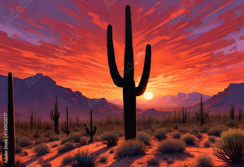 A silhouette of a tall saguaro cactus against the backdrop of a fiery sunset, its arms stretching out as if embracing the fading light.