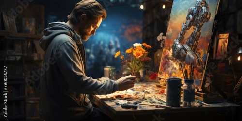 Man Observing Painting at Table Generative AI