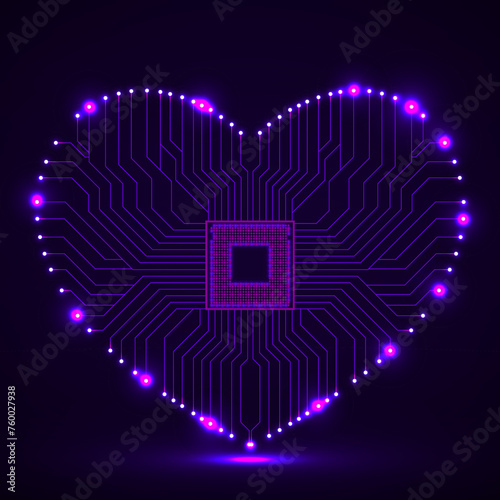 Abstract neon circuit board in shape of heart, technology background, vector illustration