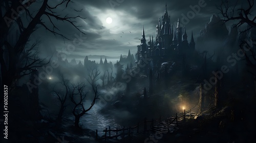 Halloween holiday concept. Spooky old gothic castle, foggy night, haunted mansion. photo