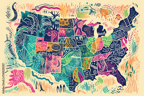 Folk art illustration with map of America