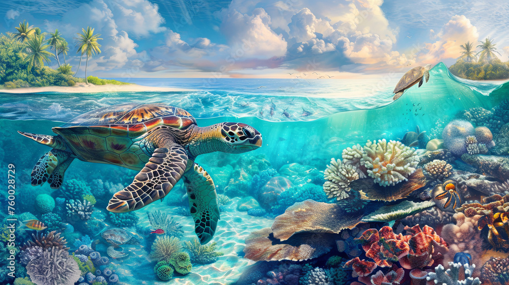 Sea turtle splashes on the seabed with corals - obrazy, fototapety, plakaty 