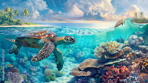 Sea turtle splashes on the seabed with corals