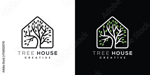 Tree house vector logo, simple tree house logo growth ecology 