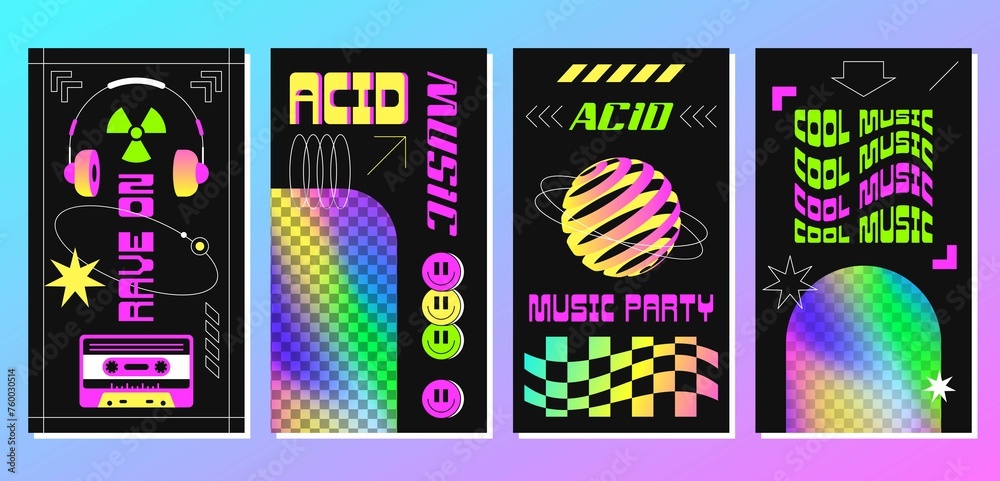 Rave Acid Posters With Abstract Geometric Shapes Disco Elements Holographic Rainbow Frames