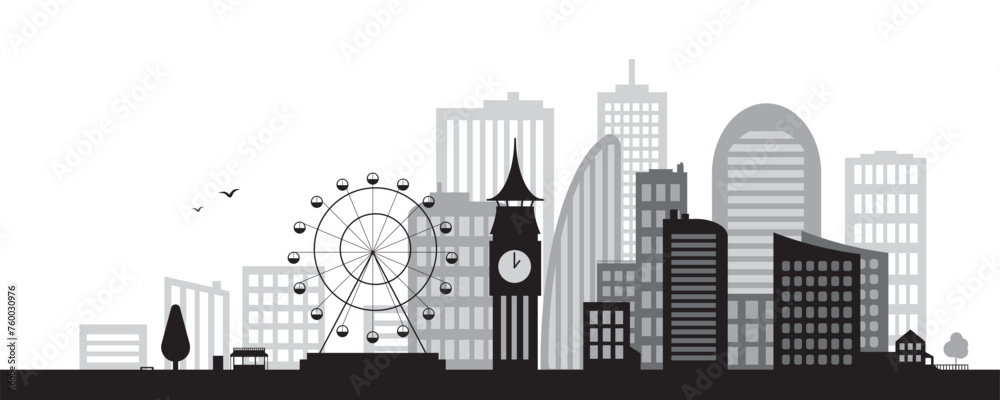 Simple city silhouette with ferris wheel, clock tower and buildings. Black and white vector illustration without background.