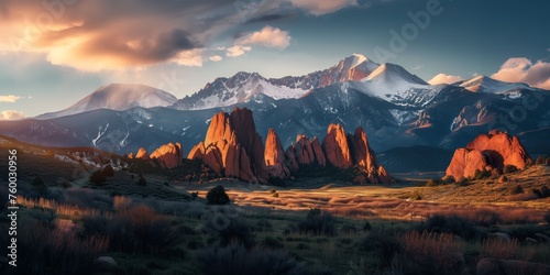 golden sunlight on rugged peaks and rock formations at sunset