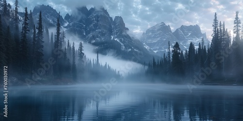 serene alpine lake reflecting a mist-veiled mountain forest at dawn photo