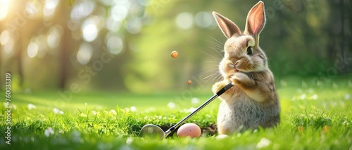 Cute Easter bunny playing golf