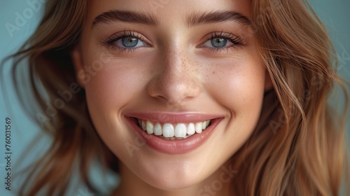 The smile of a young woman is beautiful. She has a dental health background.