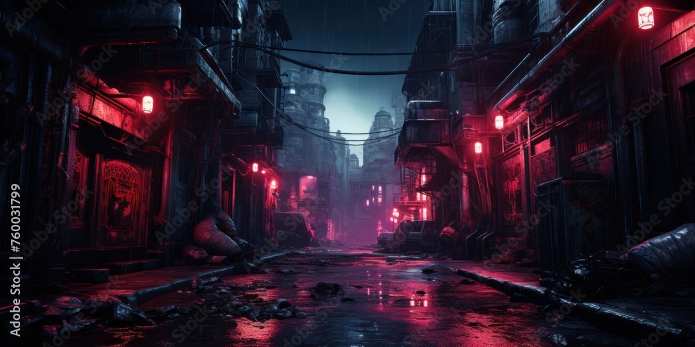 Mysterious Dark Alley With Red Lights Generative AI