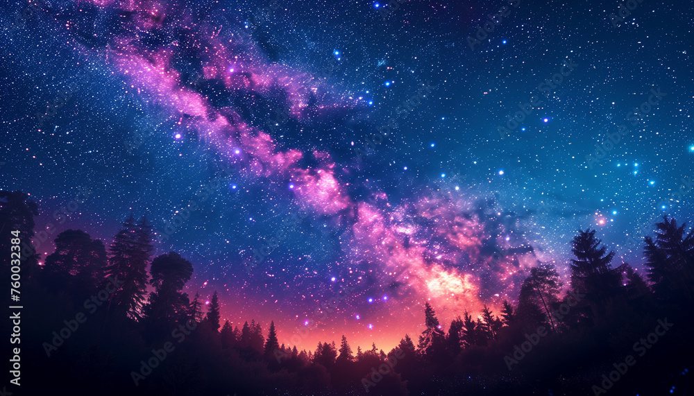 Starry heavens captured in exquisite detail above a forest's silhouette