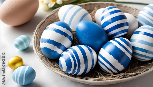 Blue and white stripes colored easter eggs in a wicker nest