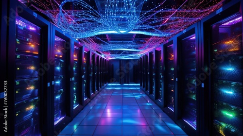 Data center in the network server room and server rack with colorful led light. Cloud computing and data storage concept.