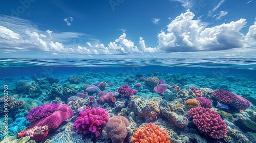 Underwater view of coral reef seafloor split by waterline and horizon © Zaleman