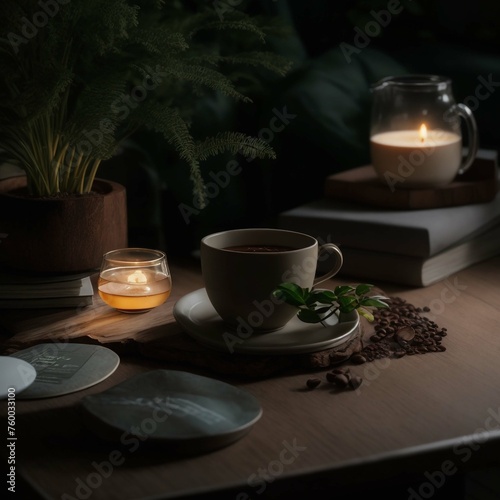 On the table in the room in the evening there is a burning lamp, a bouquet of wild flowers, and an open book lies. Image with selective focus and noise effect