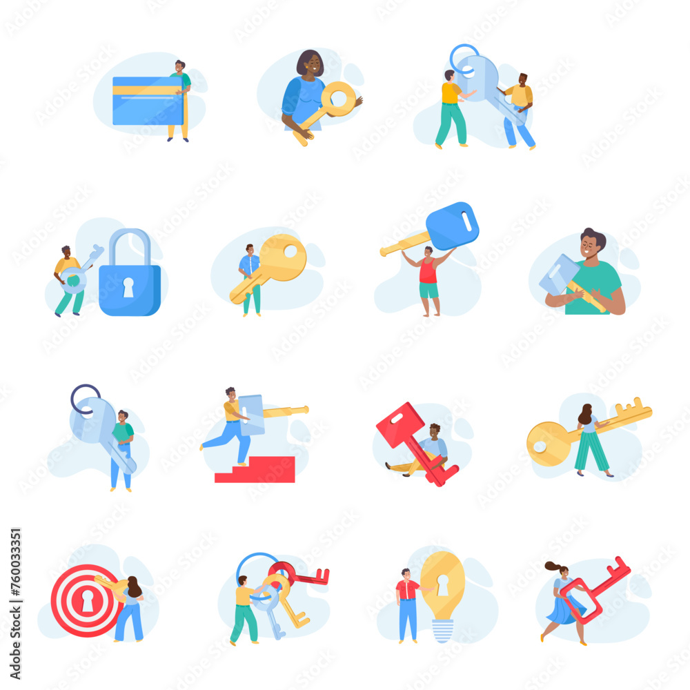 People holding keys to success reaching target protecting personal data flat set isolated on white background People holding keys to success reaching target protecting personal data flat set isolated on white background