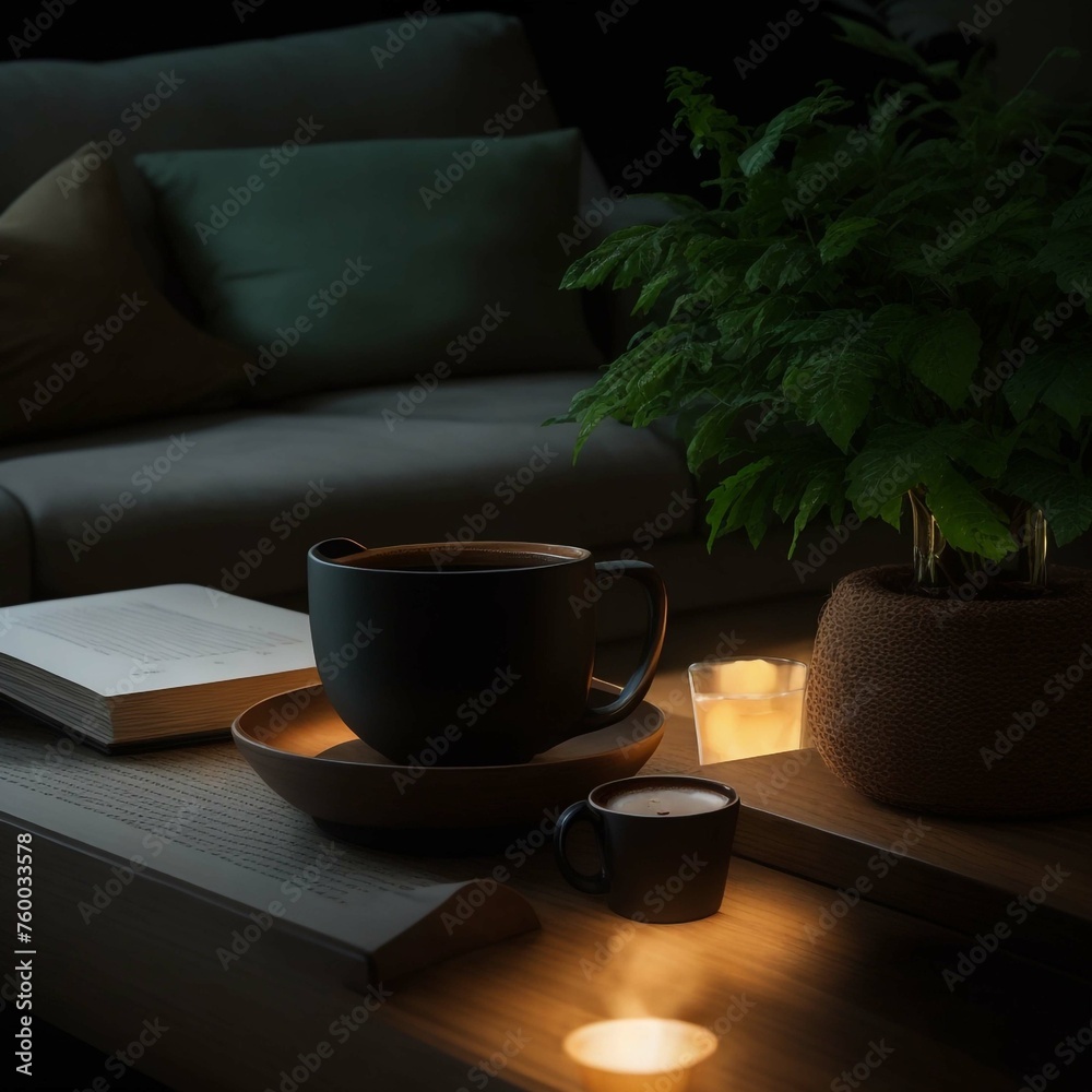 Obraz premium On the table in the room in the evening there is a burning lamp, a bouquet of wild flowers, and an open book lies. Image with selective focus and noise effect