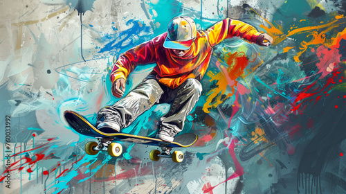 Fotografie man in a cap on a skateboard graffiti style on a gray wall