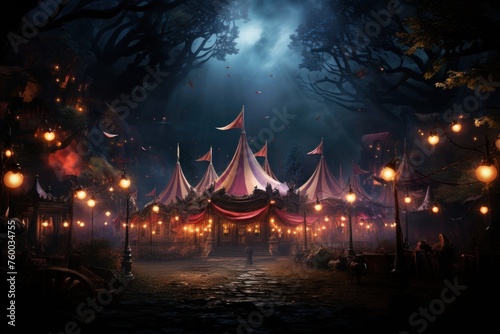 Nighttime Circus Tent and Lanterns Generative AI