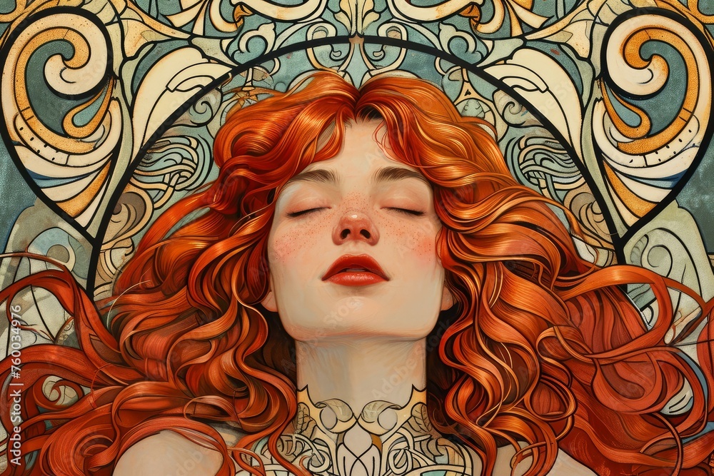 Art nouveau woman redhaired. Modern face. Generate Ai Art nouveau woman redhaired. Modern face. Generate Ai