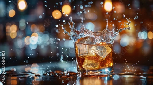 Glass of splashing whiskey or other alcohol with ice cube 