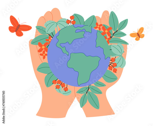 Earth day concept. Human hands holding floating globe in space. Save our planet. Flat style vector isolated illustration