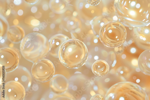 close up of shimmering serum bubbles on a bright luminous background