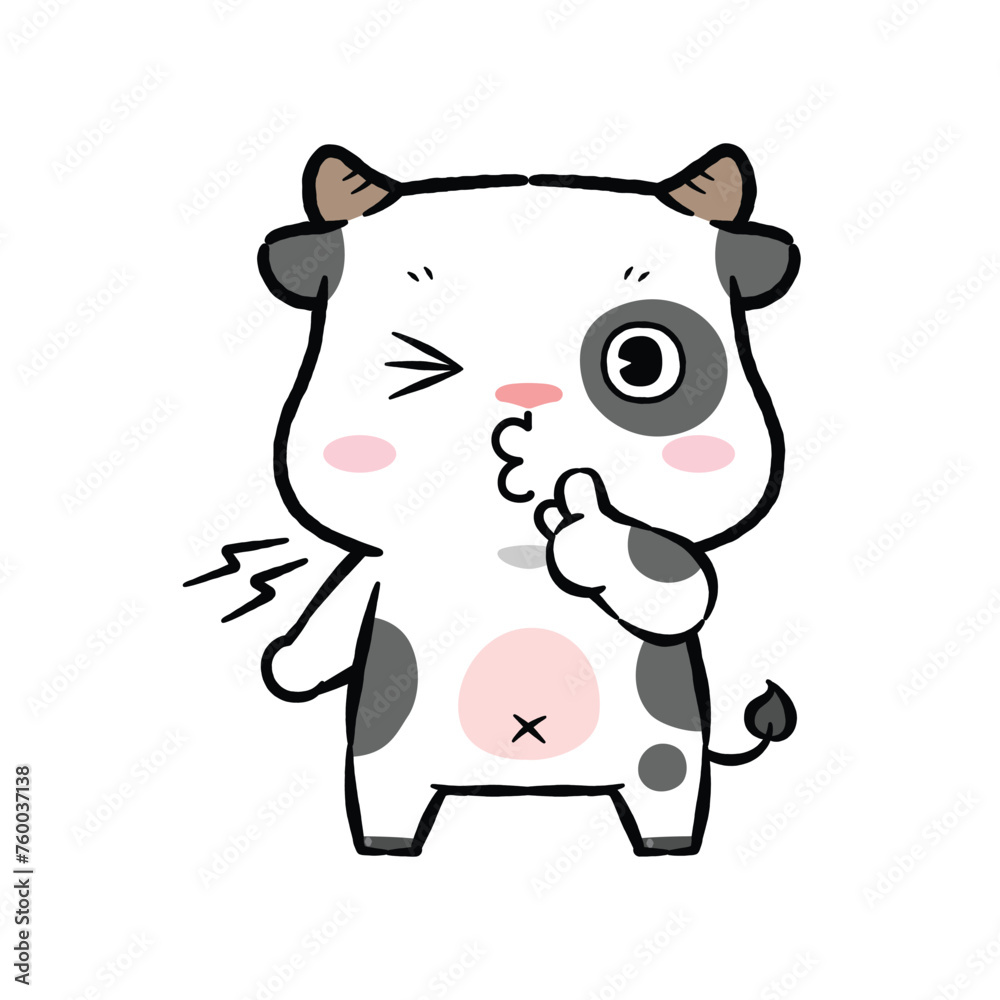 Hush. Little cow asking for silence or secrecy with finger on lips shhh hand gesture, cartoon chibi style