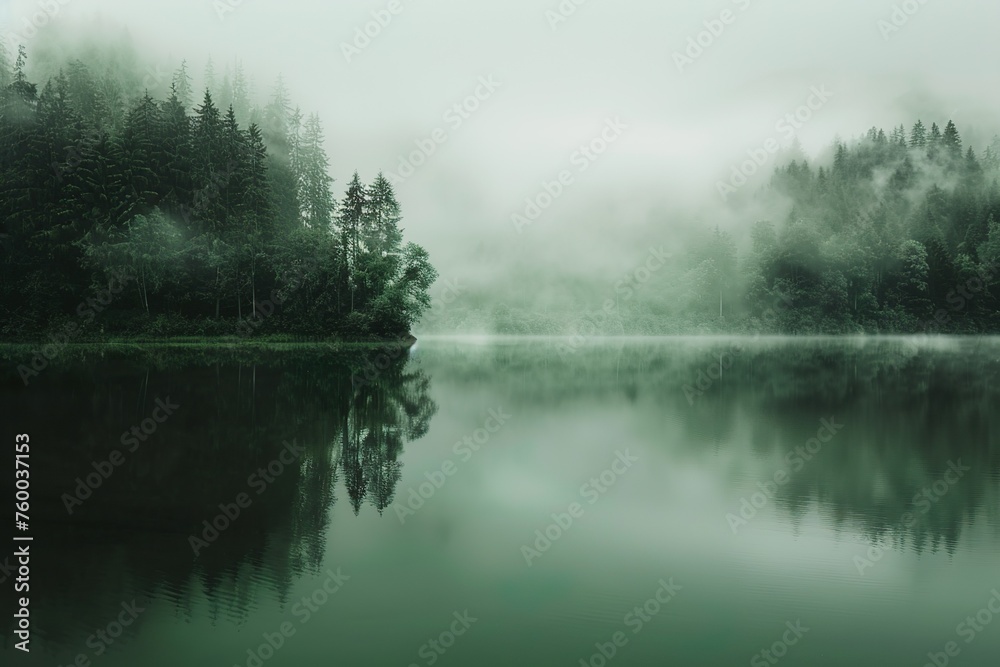 Ein ruhiger, leerer See mit Bäumen ringsherum im Morgennebel, sanfte Grüntöne, stimmungsvolle Atmosphäre Ein ruhiger, leerer See mit Bäumen ringsherum im Morgennebel, sanfte Grüntöne, stimmungsvolle Atmosphäre