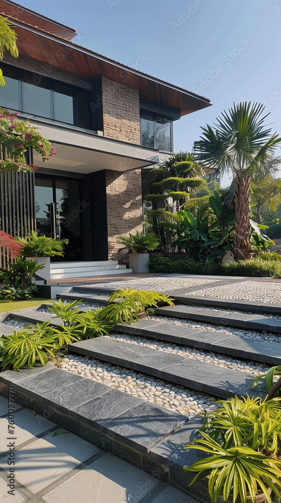 Modern and luxury bright garden with beautiful plants and trees Modern and luxury bright garden with beautiful plants and trees