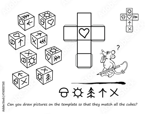 Logic game for the smartest. Can you draw pictures on the template so that they match all the cubes? 3D puzzle. Developing spatial thinking. Page for brain teaser book. Black and white vector drawing