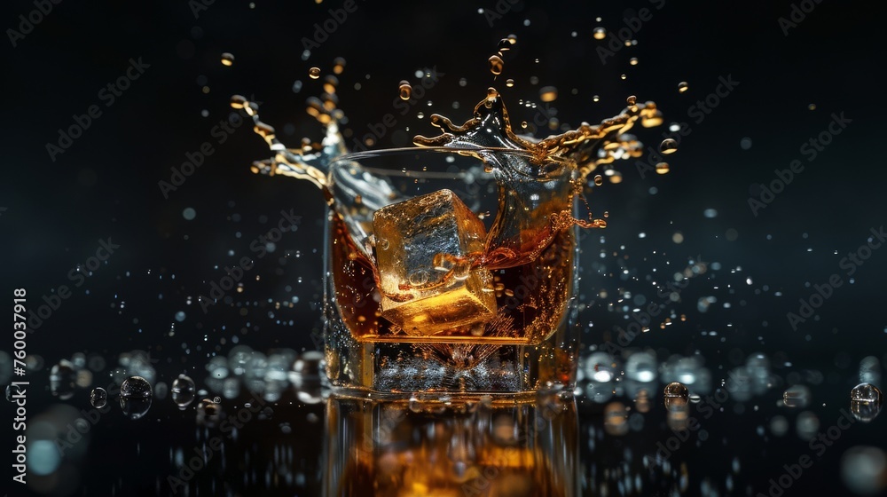 Glass of splashing whiskey or other alcohol with ice cube Glass of splashing whiskey or other alcohol with ice cube
