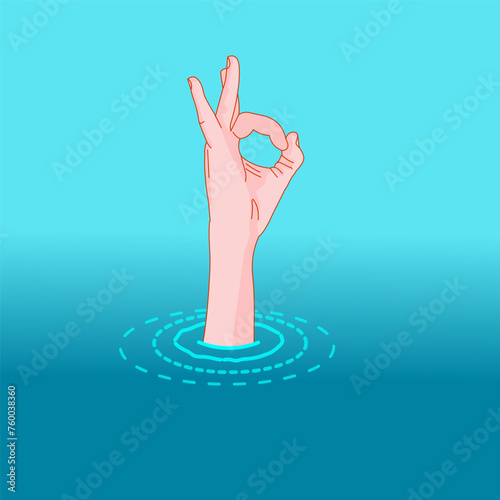 OK, hand sign, optimism. Emerging water from in drowning, suffocation. Showing okey. everything is fine. Illustration vector