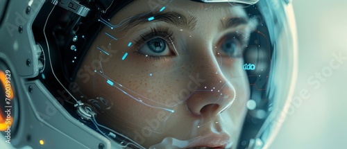 AI in image of robot woman or female cyborg working in 3D virtual reality cyberspace. Robot lady analyzes geometrical spherical 3D diagram with datum. Illustration of cyborg woman with AI.