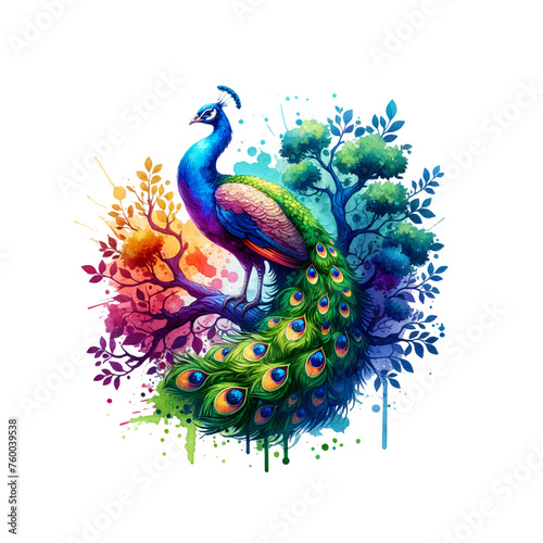 A beautiful watercolor painting of a peacock on a tree with a transparent background