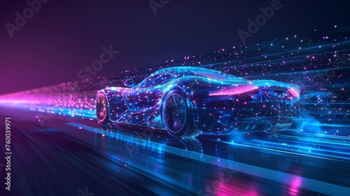 A fast wireframe concept of a sport car that looks like a starry sky or space, with points, lines and shapes that represent planets, stars, and the universe. Blue and purple colors.