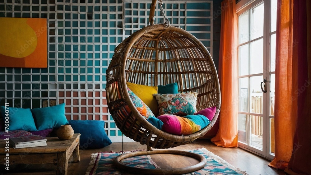 A hanging chair with colourful cushions creates a cozy reading nook in a bohemian living room. Relaxing chair. 