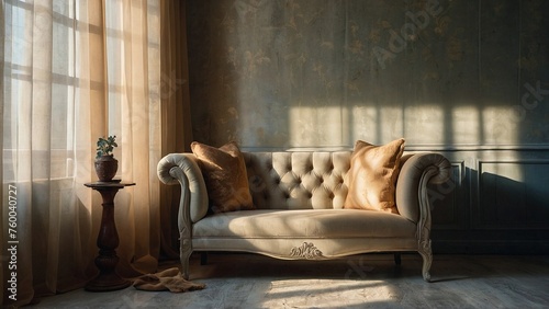 Beige sofa set. Modern interior of a living room. Soft rays of sunlight filtering through curtains. A vintage dresser near a comfortable beige loveseat in gentle warmth against the concrete wall. 