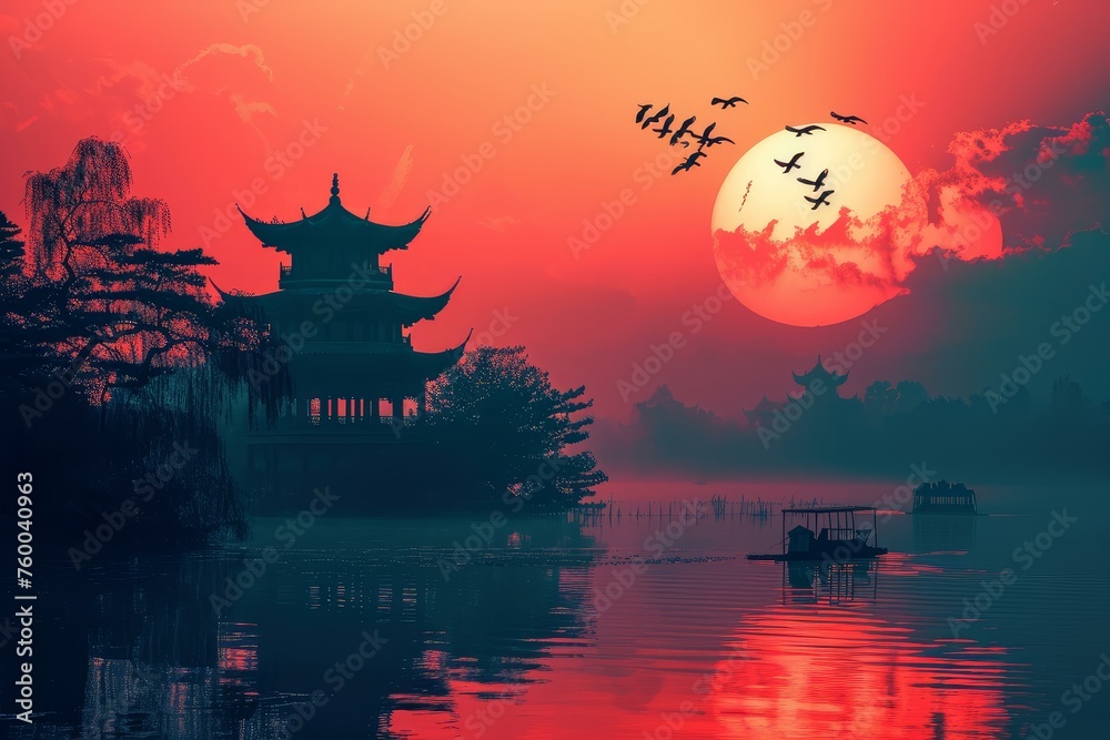 Asia sunset. Nature beautiful china. Generate Ai Asia sunset. Nature beautiful china. Generate Ai
