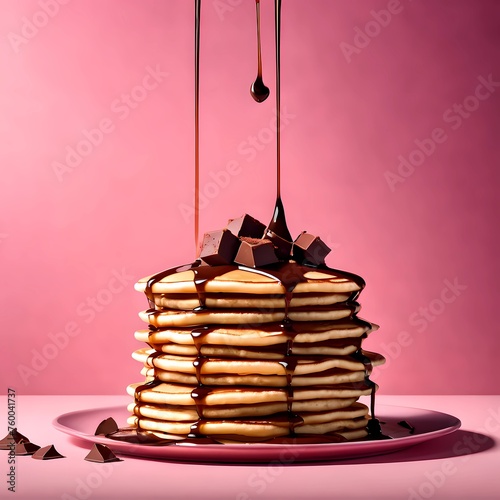 Realistic photo of a stack of pancakes with syrup and chocolate dripping on top on a one-time background. 