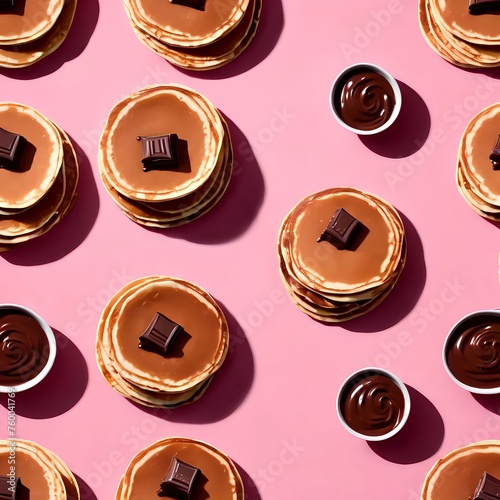 Realistic photo of pancakes with chocolate on a one-time background.