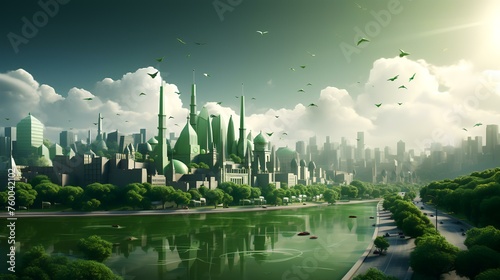 Green city with skyscrapers and green trees. 3d rendering