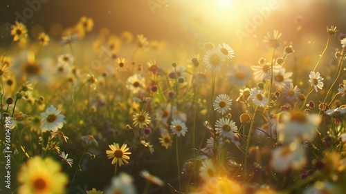 chamomile field at sunset. Sunday nature background. Wildflowers concept. For banner, design. shop, card, invitation, poster, interior, magazine, flyer, cover, mother's day