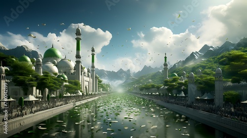Mosque in the middle of a beautiful landscape. 3D rendering