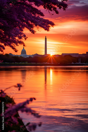 Dawn Breaks Over Iconic Washington DC Monuments Reflected in Potomac River