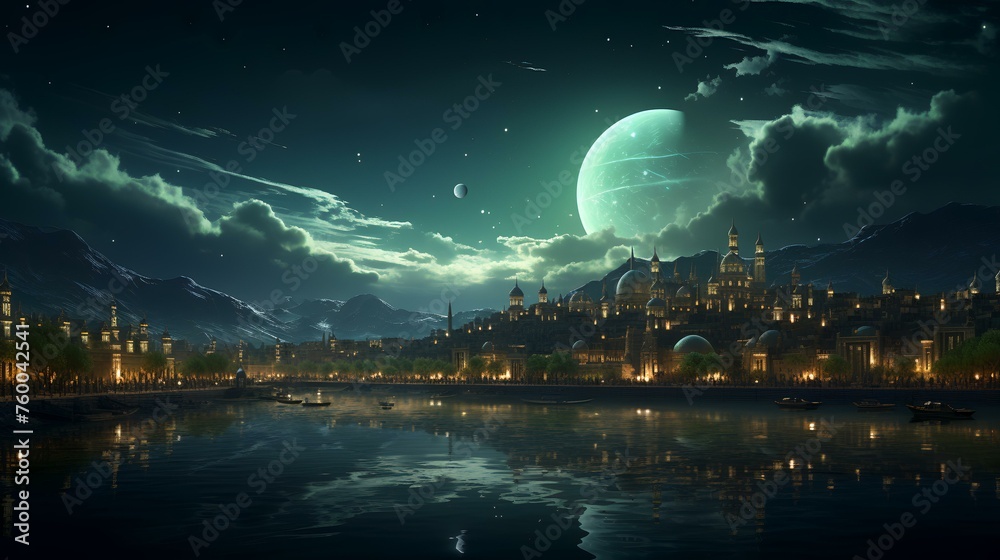 Fantasy landscape with a lake and a castle in the moonlight