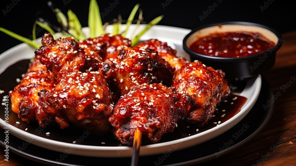 Chicken Lollipops Korean Food style Deep Fried with Sauce Appetizers dish delicious tasty served Kochujang sauce decoration with Garlic and Chili sideview.


