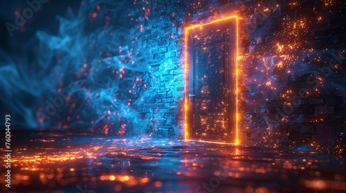 Abstract digital door in the future. Technology portal with bright neon light. Low poly futuristic door in tech blue. Opportunity concept on dark background. Wireframe polygons.